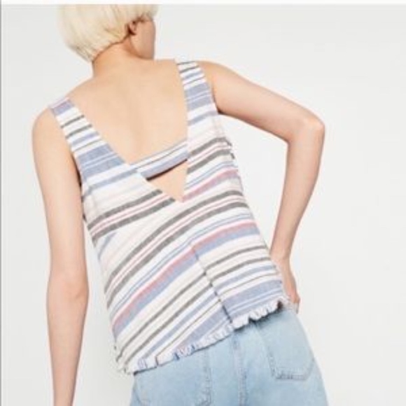 Zara Denim Couture Striped Top Raw Hem Tank XS - Picture 2 of 4